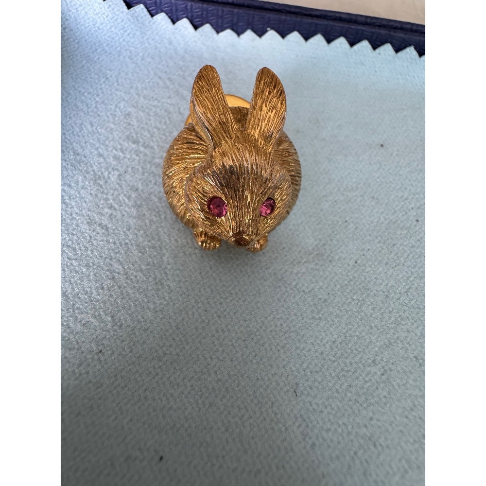 Vintage Gold Crown Bunny Rabbit Pin Pink Rhinestone Eyes Gold Tone Figural